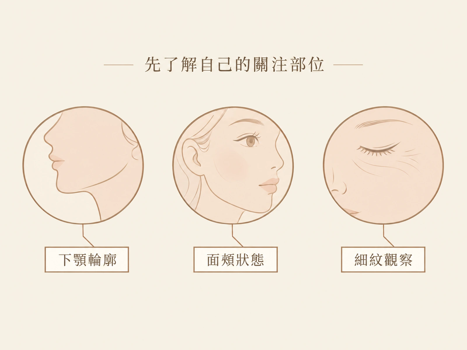 啡金細線插圖呈現下顎輪廓、面頰狀態與眼周細紋等關注部位。