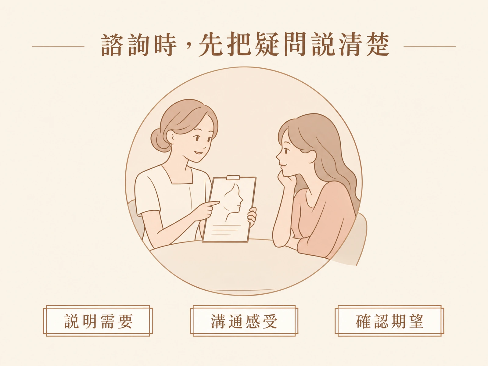 美容顧問與客人對坐,透過面部示意圖討論個人需要、感受與期望。