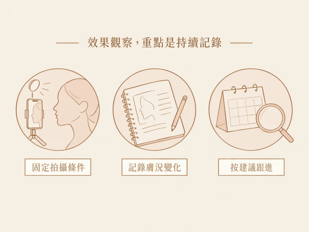 手機拍攝、膚況筆記與日曆示意圖,說明固定拍攝條件、記錄變化及按建議跟進。