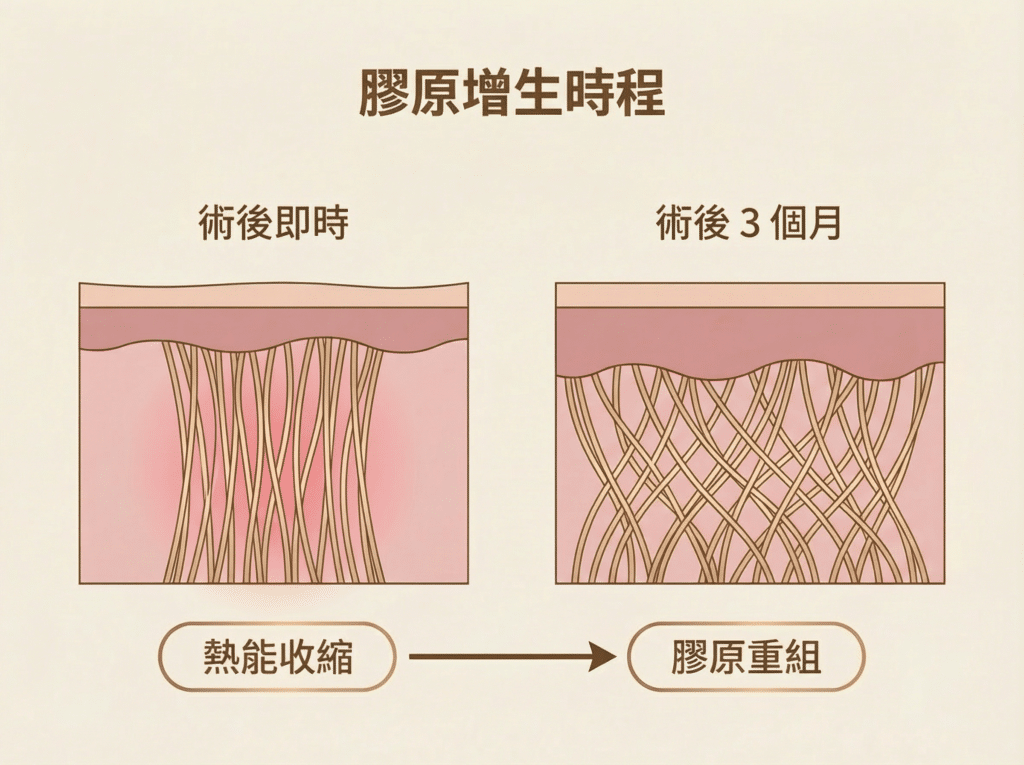 Density RF 膠原變化示意圖:即時收縮,3個月後重組增生,無雙電波抗衰原理